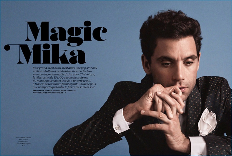 Mika graces the pages of GQ France in an Emporio Armani jacket with a Valentino shirt and Alain Figaret pocket square.