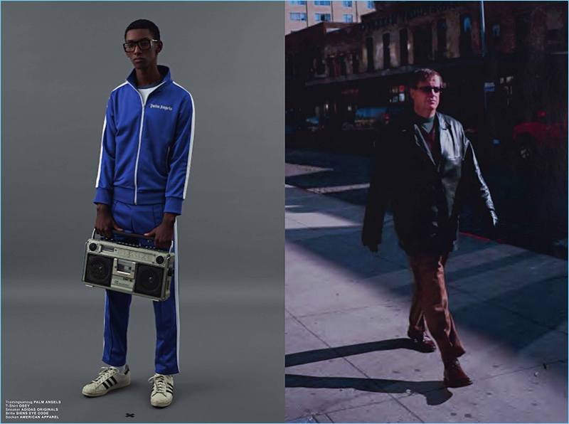 A sporty vision, Myles Dominique rocks a Palm Angels track suit with an Obey t-shirt, Adidas Originals sneakers and Siens Eye Code glasses.