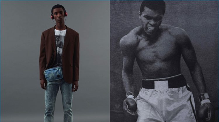 Model Myles Dominique wears a Neil Barrett jacket with a vintage t-shirt and Jil Sander shoes. Myles also models a bag and jeans from MSGM.