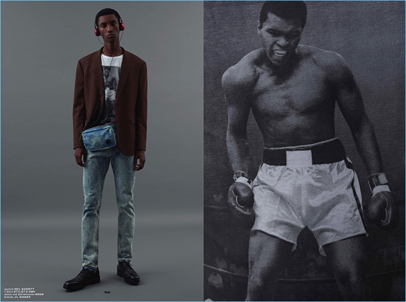 Model Myles Dominique wears a Neil Barrett jacket with a vintage t-shirt and Jil Sander shoes. Myles also models a bag and jeans from MSGM.