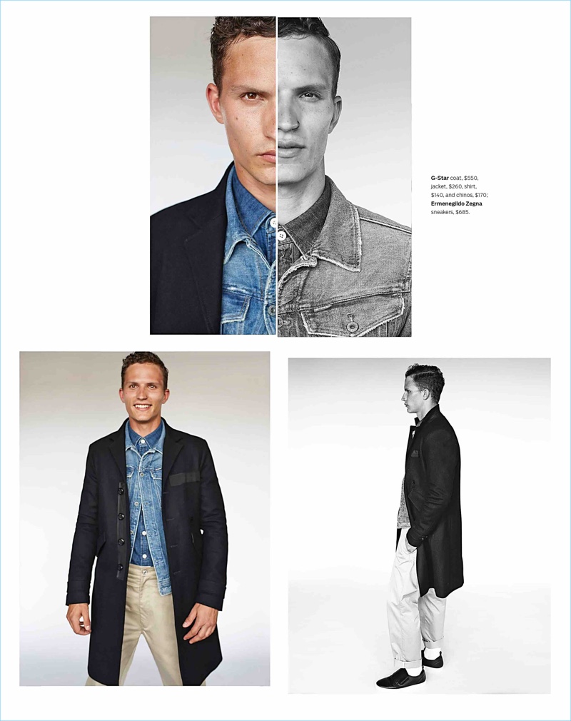 Australian model Nathaniel Visser wears a G-Star coat, jacket, shirt, and chinos with Ermenegildo Zegna sneakers.