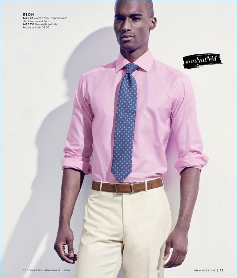 Making a color statement, Corey Baptiste wears a shirt and tie from Eton.