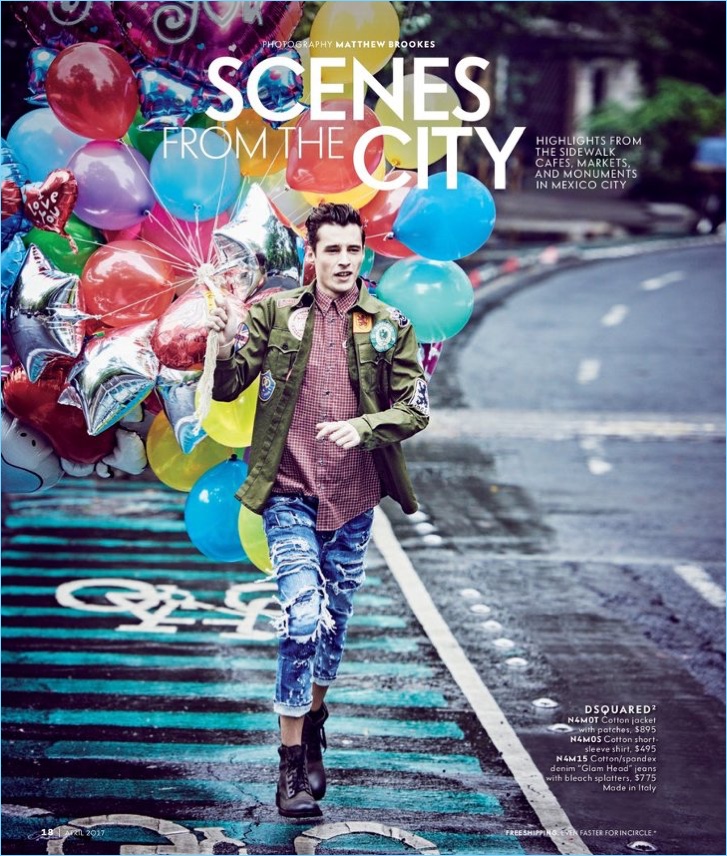 Adrien Sahores takes to the streets of Mexico City with a bouquet of balloons. The French model wears a campy spring look from Dsquared2.