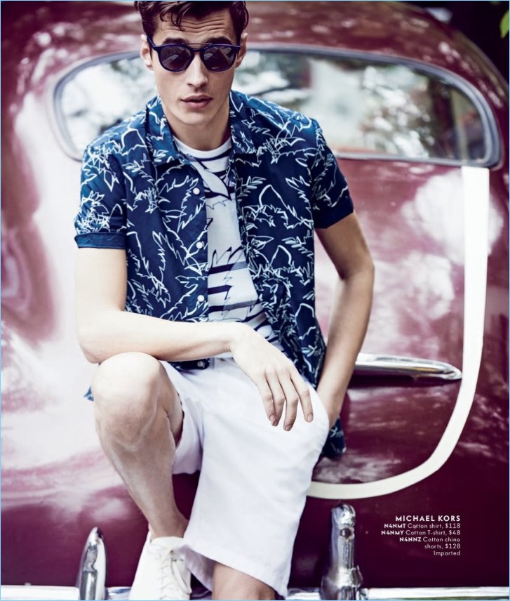 Embracing resort style, Adrien Sahores dons fashions from Michael Kors.