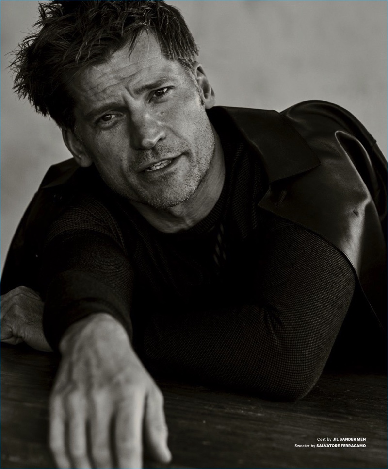 Actor Nikolaj Coster-Waldau wears a Jil Sander coat with a Salvatore Ferragamo sweater.