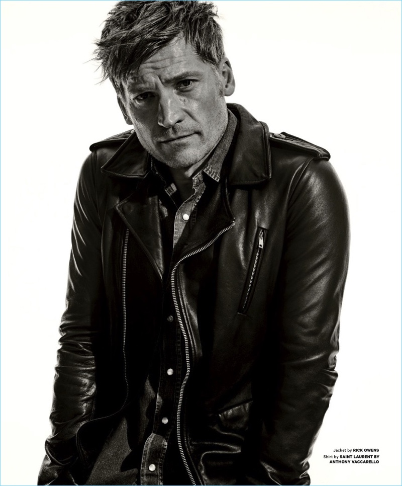 A striking vision in a leather Rick Owens jacket, Nikolaj Coster-Waldau also wears a Saint Laurent denim shirt.