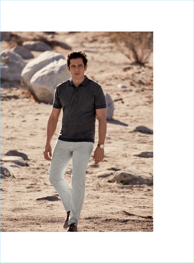 Top model Werner Schreyer wears a Barrowcliffe slim-fit piqué polo $128, Brax sensation stretch trousers $198, and ECCO Soft 7 sneakers $149.95.