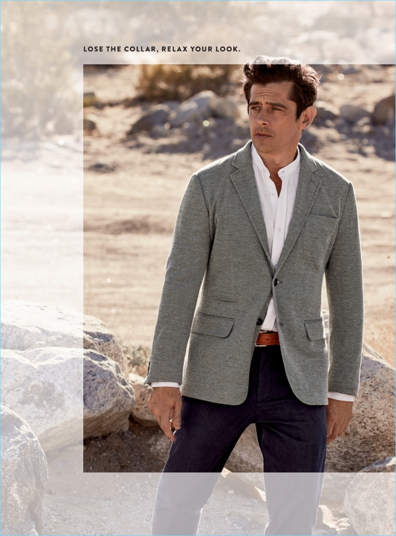 Embracing classic menswear styles, Werner Schreyer sports a John W. Nordstrom deconstructed knit sport coat $250, band collar shirt $89.50 and tailored fit trousers. Werner also wears a Trafalgar Easton calfskin leather belt $75.