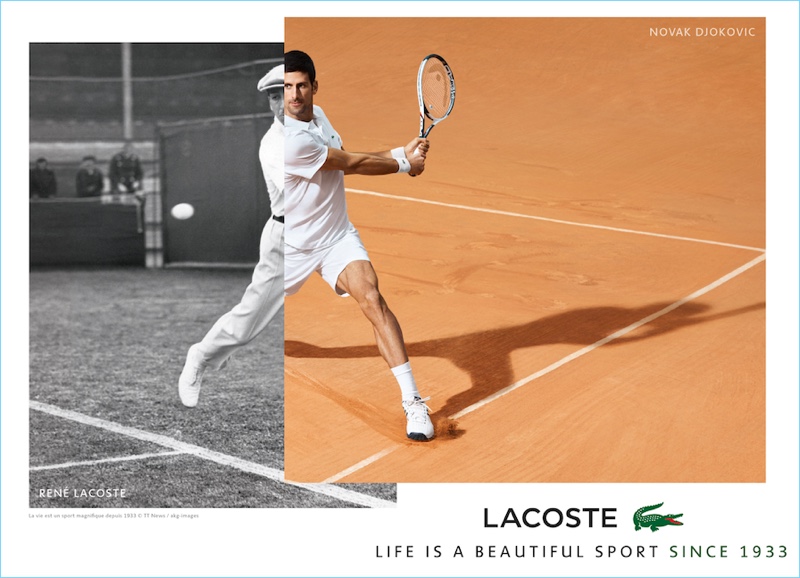 Lacoste juxtaposes images of René Lacoste and Novak Djokovic for its new campaign.