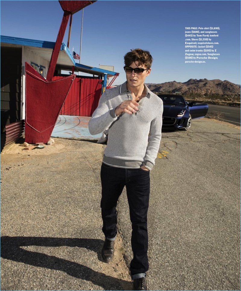 On the move, Oliver Cheshire wears a polo, jeans, and sunglasses by Tom Ford. The British model also rocks Esquivel shoes.