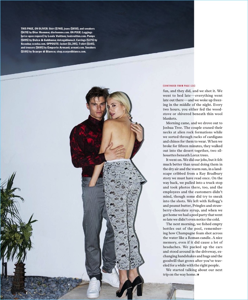 Marcelo Kracilcic photographs a topless Pixie Lott and her boyfriend, Oliver Cheshire. Oliver sports a shirt, jeans, and sneakers by Dior Homme.