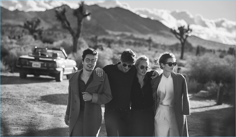 Levi Dylan, Alex Lundqvist, Amber Valletta, and Jac Jagaciak appear in Oliver Peoples' Desert Stories campaign.