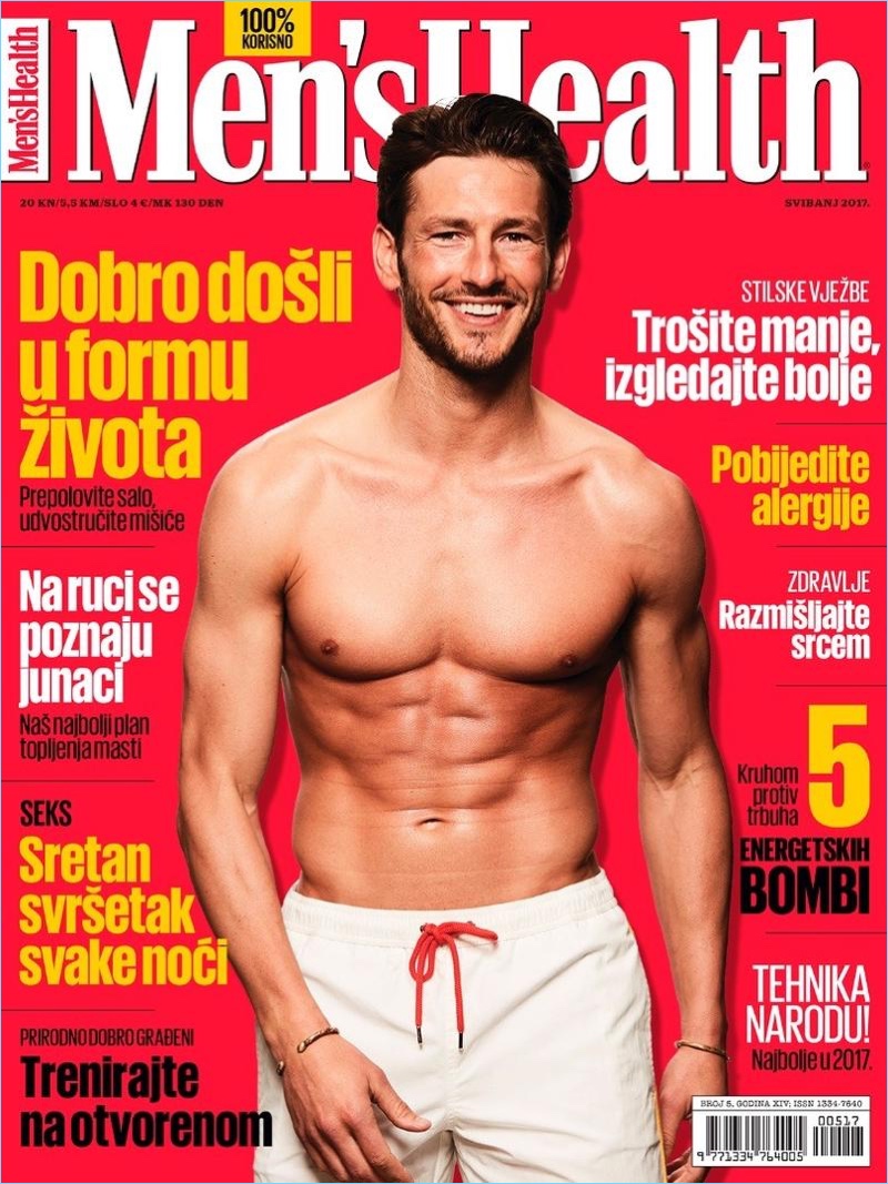 Parker Gregory covers the May 2017 issue of Men's Health Croatia. 