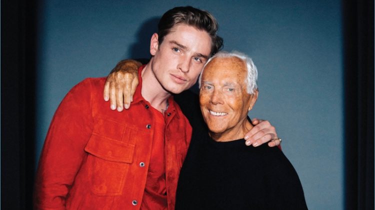 Sporting Emporio Armani, Patrick O'Donnell poses for pictures with designer Giorgio Armani.