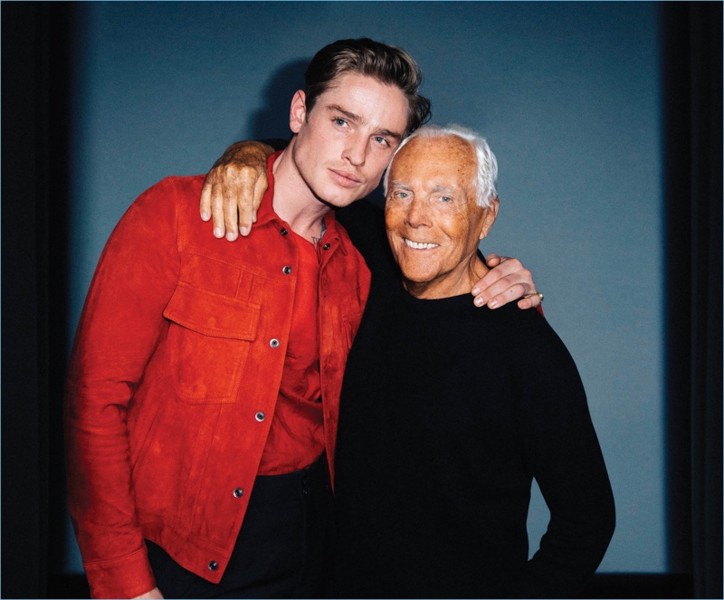 Sporting Emporio Armani, Patrick O'Donnell poses for pictures with designer Giorgio Armani.