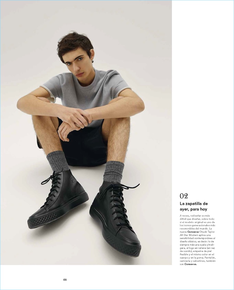Representing a youthful attitude, Piero Mendez wears Converse Chuck Taylor All Star Modern hi-top sneakers. 