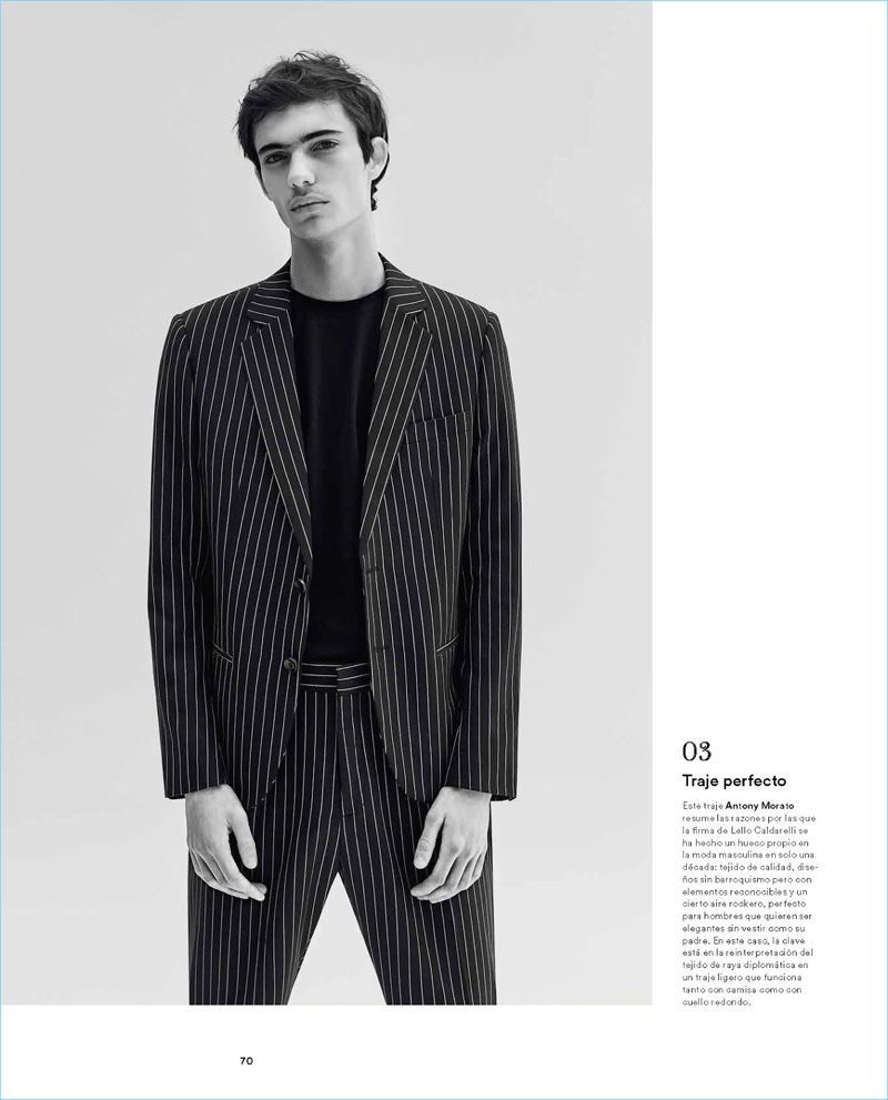 Making a pinstripe statement, Piero Mendez dons an Antony Morato suit.