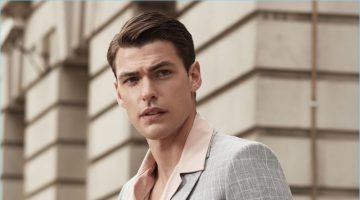 Event Ready: Filip Wolfe Dons Reiss' Dashing Summer Styles Dressing for a garden party, Filip Wolfe dons a Reiss houndstooth blazer $520 with a check Cuban collar shirt $195 and tailored trousers $275. He also sports keyhole tortoiseshell sunglasses $155.
