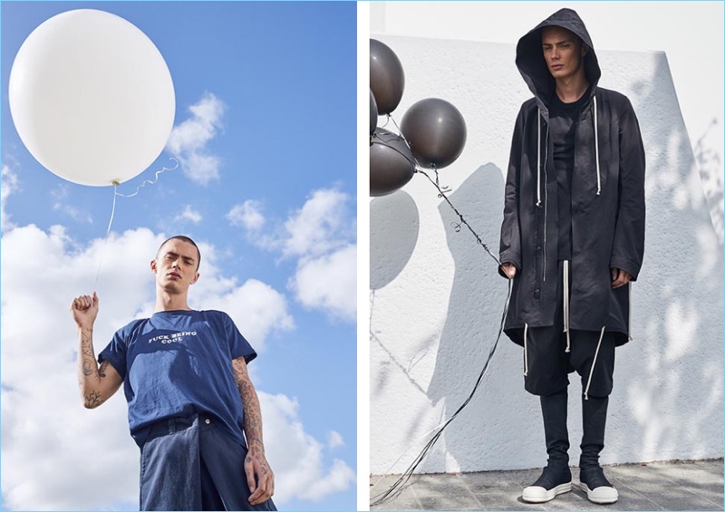 Left to Right: Holding a balloon, Simon Kotyk wears a Willy Chavarria tee $130 and fold over flat front shorts $350. Simon models a DRKSHDW by Rick Owens fishtail parka $1,670, shorts $555, and scarpe sock sneakers $723.