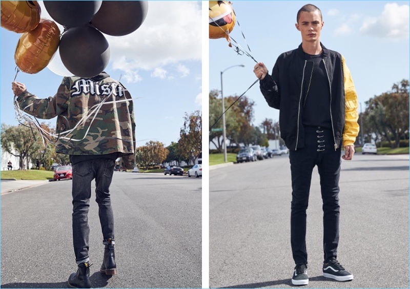 Left to Right: Simon Kotyk is a misfit in a R13 camo field jacket $315, oversized cut off shirt $237, and drop jeans $255 with Dr. Martens 1460 8-eye boots $135. Embracing color blocking, Simon wears a yellow and black C2H4 MA-1 bomber jacket $350 and pinned drop crotch zipper pants $160. The model also wears a Chapter t-shirt $85 and Vans Old Skool sneakers $70.
