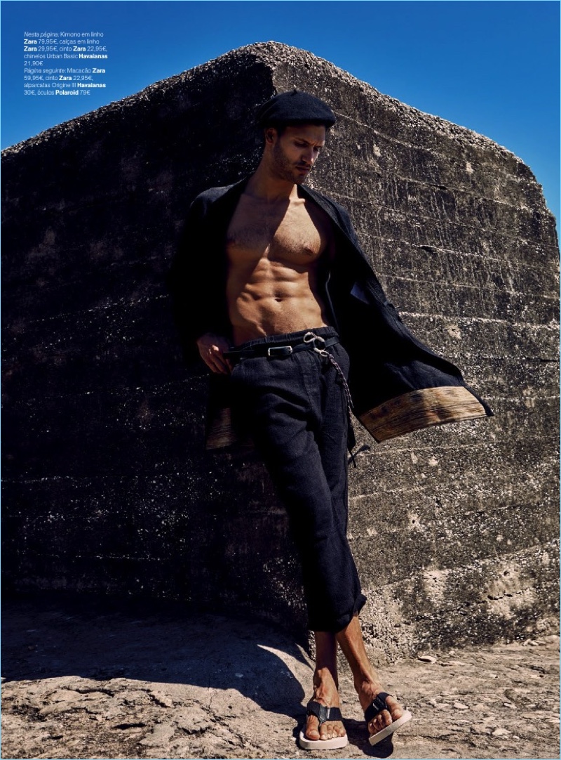 Model Ricardo Oliveira wears a Zara kimono style jacket with linen trousers and Havainas flip-flops.