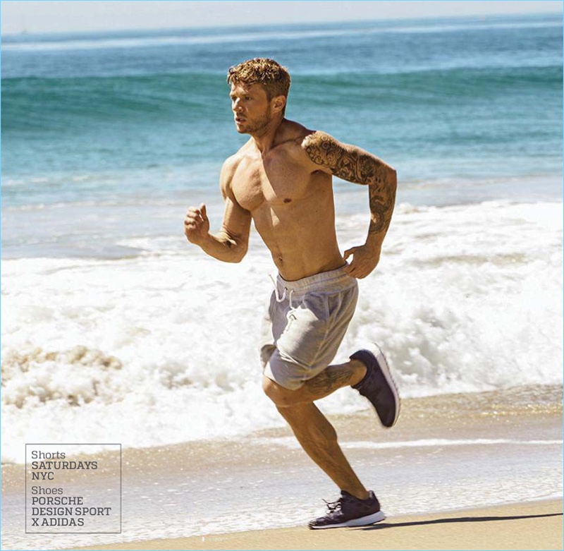 Going for a run on the beach, Ryan Phillippe wears Saturdays NYC shorts with Porsche Design Sport x Adidas shoes.