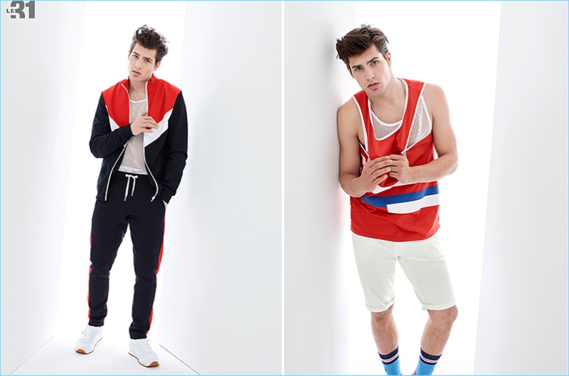 Left: Miroslav Cech wears a retro track jacket, mesh tank, and athletic pants from LE 31. Miro also sports white Reebok sneakers. Right: Making a statement in red and white, Miro wears an athletic LE 31 tank with 5-pocket Bermuda shorts.