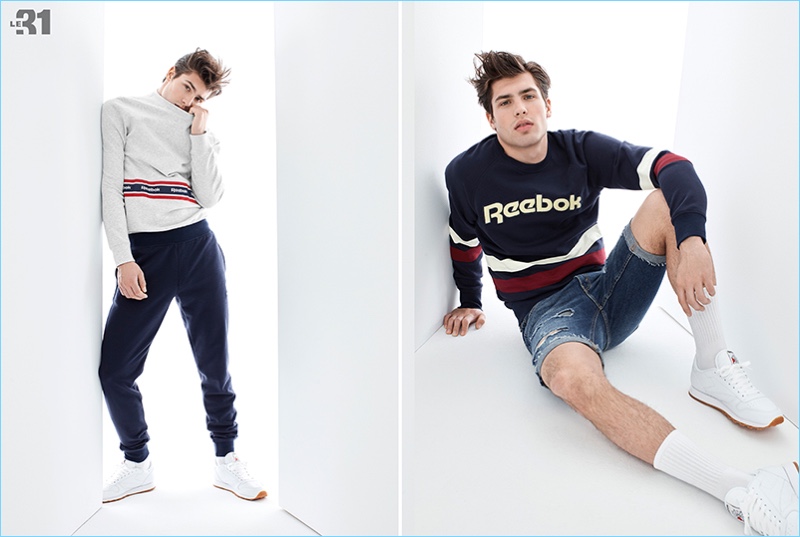 Left to Right: Embracing a sporty aesthetic, Miroslav Cech wears a Reebok taped logo sweatshirts and sweatpants with classic white sneakers. Miro sports a Reebok logo sweatshirt and sneakers with Levi's denim shorts.