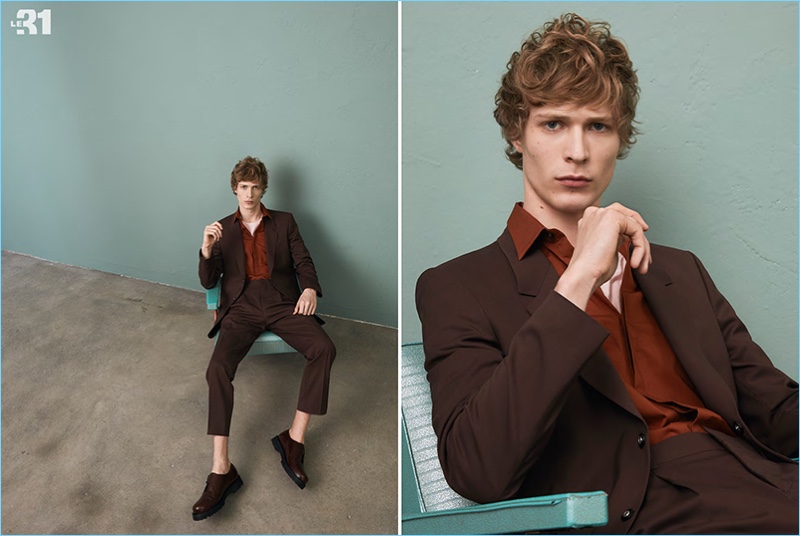 Embracing earthy rich hues, Sven de Vries dons LE 31's retro suit with a stretch semi-tailored fit shirt.