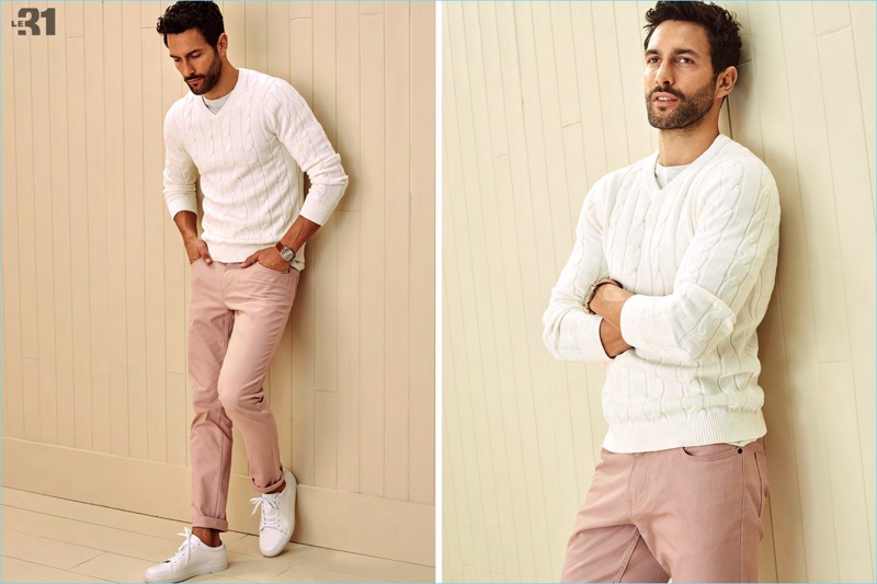 Making a case for white and pink, Noah Mills wears casual fashions from LE 31.