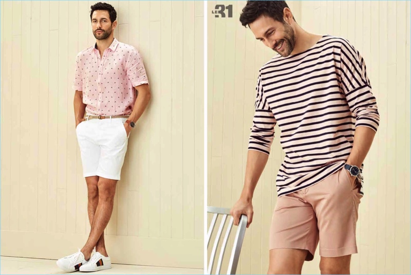 Left: Noah Mills wears a linen print shirt with braided-belt chino Bermudas from LE 31. Paul Smith sneakers and a Skagen Holst watch complete his look. Right: Noah models a striped boatneck t-shirt and stretch cotton Bermudas by LE 31.