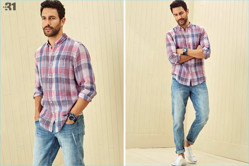 Embracing everyday essentials, Noah Mills wears a LE 31 check linen shirt with distressed denim jeans.