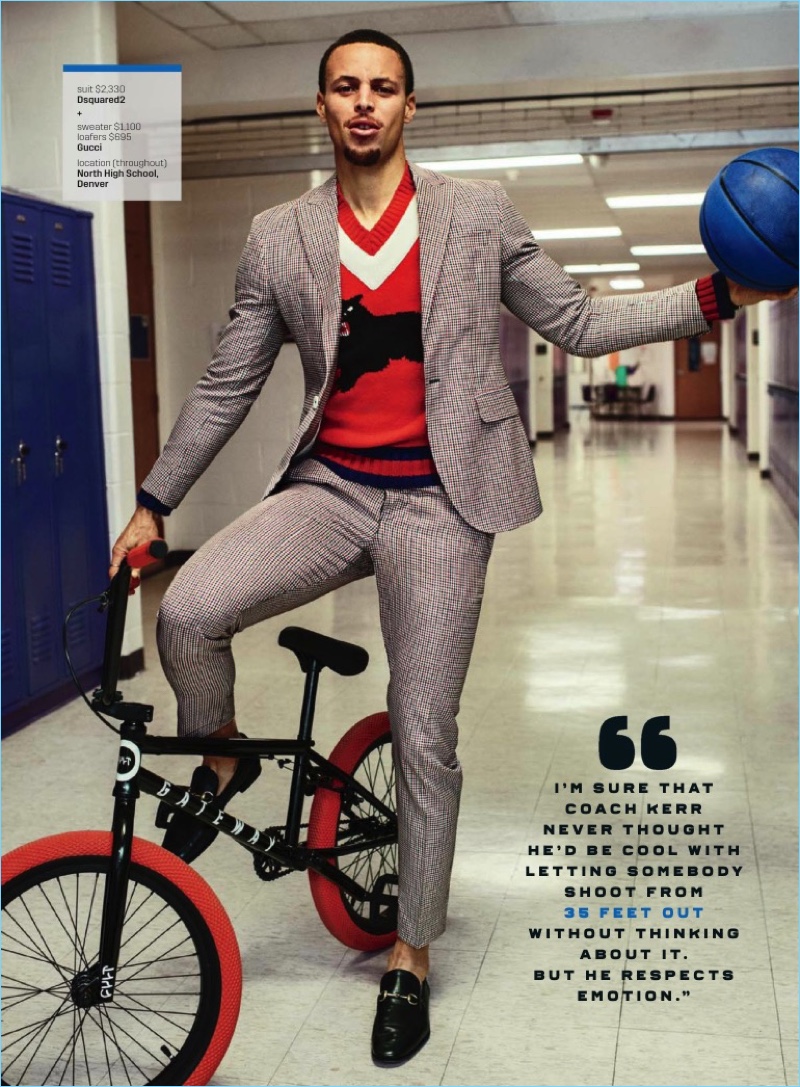 Sebastian Kim photographs Steph Curry in a Dsquared2 check suit with a Gucci sweater and loafers.