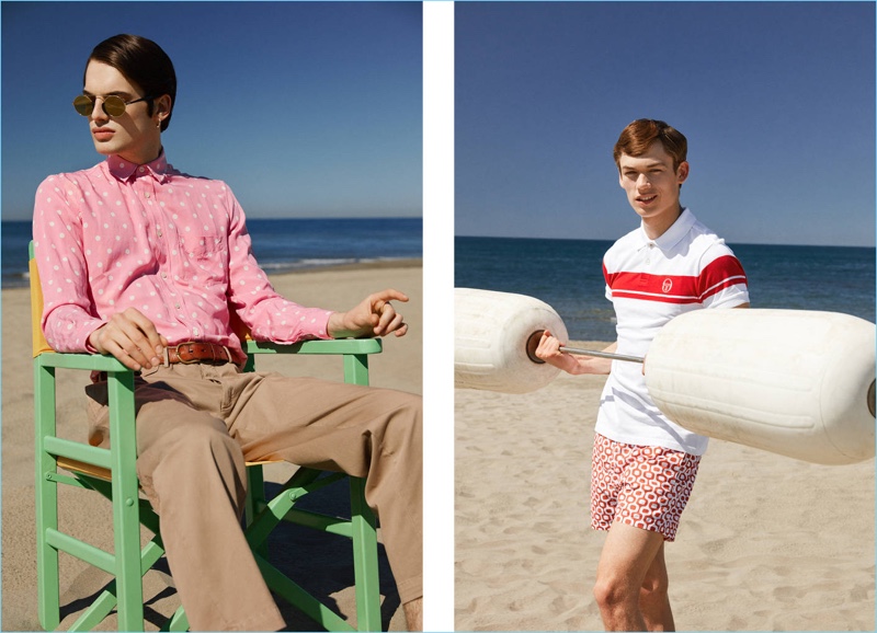 Left: Andrea Silenzi wears a Saint Laurent pink polka dot shirt $536 and Yohji Yamamoto sunglasses $452. He also sports Dsquared2 chinos $620 and a brown leather belt $150. Right: Jamie Mcvay models a Sergio Tacchini piqué polo $66 and Frescobol Carioca print swim shorts $205.