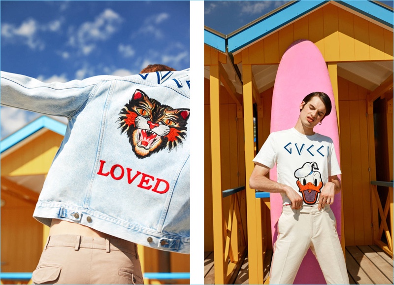 Left: Jamie Mcvay wears a Gucci cat stone washed denim jacket $2,350. Right: Andrea Silenzi models a Gucci Donald Duck tee with Valentino pants $895.
