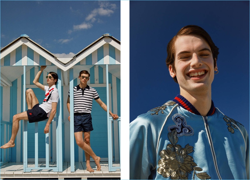 Left: Andrea Silenzi rocks Italia Independent sunglasses $181 and a Thom Browne polo $413. Jamie Mcvay models a Dsquared2 striped polo shirt $595 and Italia Independent sunglasses $205. Right: All smiles, Andrea rocks a Gucci appliquéd silk-satin bomber jacket $7,500.