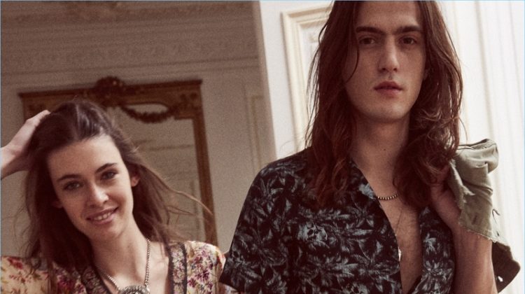 Mia Quinn and Alphonse Emery model Bohemian-inspired prints from The Kooples' Sunrise capsule collection.