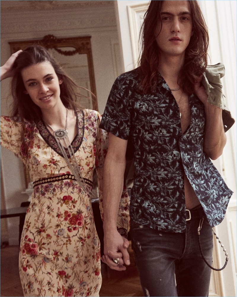 Mia Quinn and Alphonse Emery model Bohemian-inspired prints from The Kooples' Sunrise capsule collection.