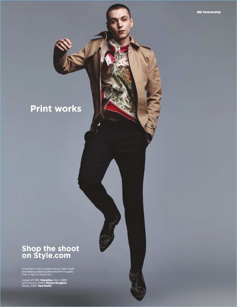 Embracing prints, Yuri Pleskun wears a Valentino jacket with a shirt and trousers by Maison Margiela. Yuri also models Paul Smith shoes.