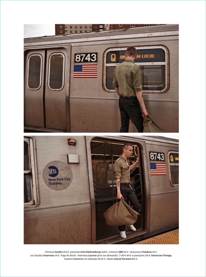 Departing the train, Yuri Pleskun wears a Sandro shirt with Dirk Bikkembergs pants, an AMI belt, and Diadora shoes.