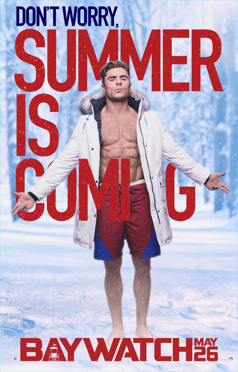 Actor Zac Efron appears in <em>Baywatch</em> poster arwork.