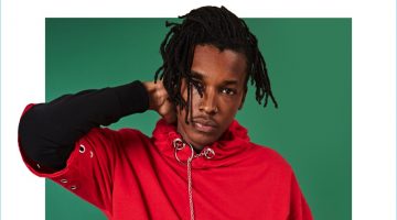 boohooMAN Revisits Grunge, Punk & More Styles for Fall '17 Front and center, Matthew Davidson wears a short-sleeve red hoodie with a long-sleeve black top from boohooMAN.