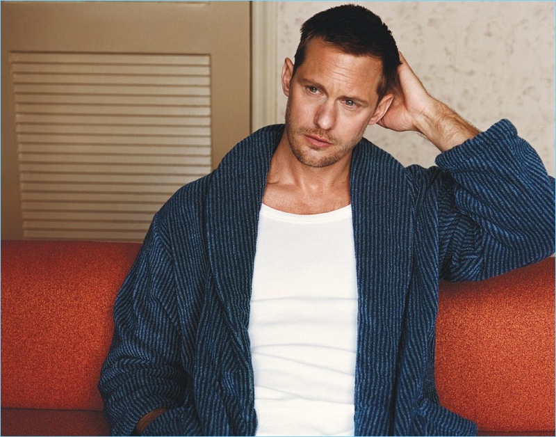 Big Little Lies actor Alexander Skarsgård wears a Cleverly Laundry robe with a Schiesser Revival shirt.