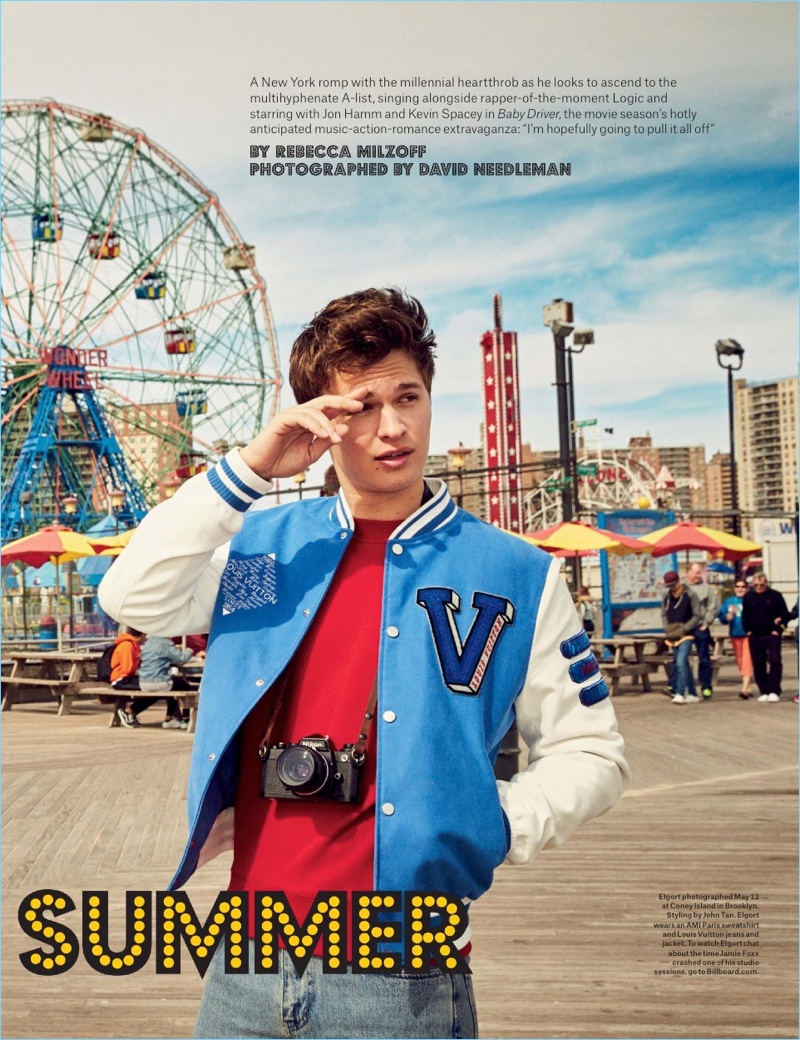 Actor Ansel Elgort wears an AMI sweatshirt with jeans and a jacket by Louis Vuitton.