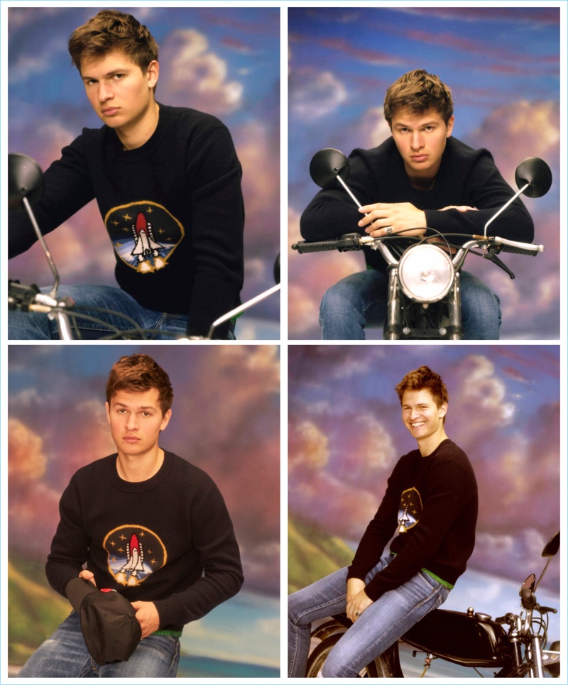 Sitting on a bike, Ansel Elgort wears a Coach 1951 sweater and Visvim jeans.
