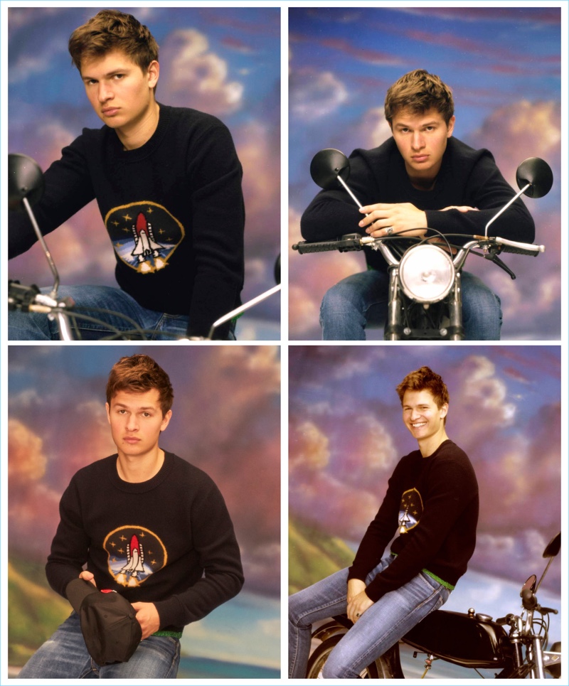 Sitting on a bike, Ansel Elgort wears a Coach 1951 sweater and Visvim jeans. » Ansel Elgort Covers Nylon Guys, Talks 'Baby Driver' Sitting on a bike, Ansel Elgort wears a Coach 1951 sweater and Visvim jeans.