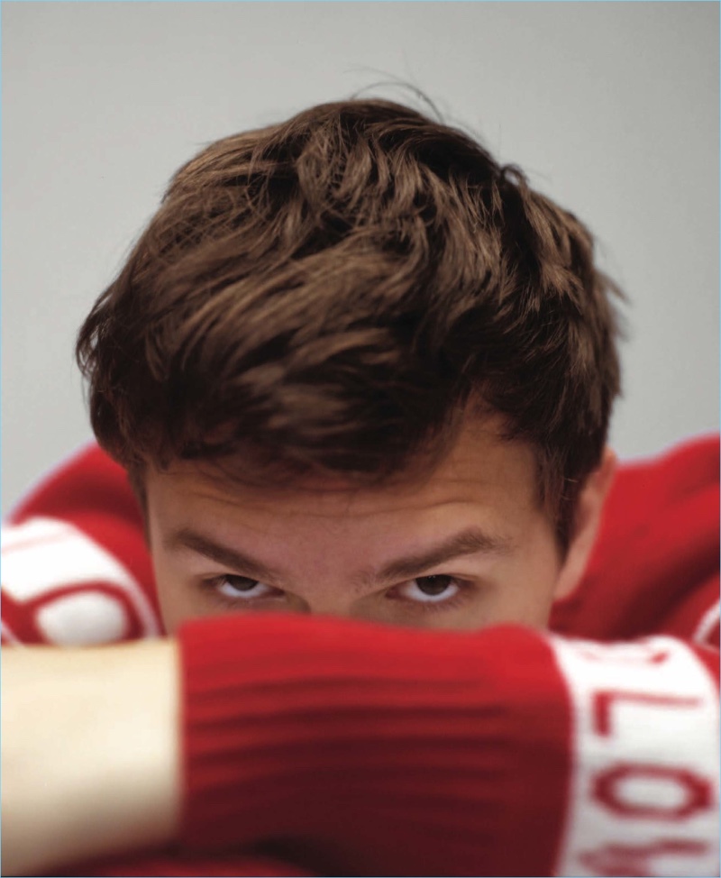 Playing it coy, Ansel Elgort wears a Gucci sweater. » Ansel Elgort Covers Nylon Guys, Talks 'Baby Driver' Playing it coy, Ansel Elgort wears a Gucci sweater.
