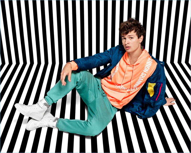 Starring in a new photo shoot, Ansel Elgort wears a Christopher Shannon sweatshirt.