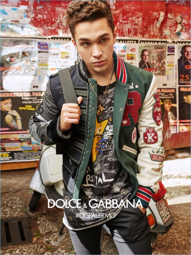 Austin Mahone sports a varsity jacket for Dolce & Gabbana's fall-winter 2017 campaign.