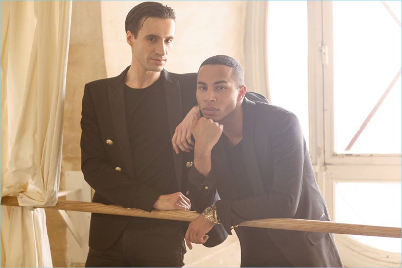 Sébastien Bertaud and Olivier Rousteing pose for a photo.